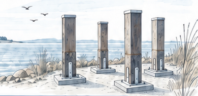 Gezeichnete Gedenkstelen am Meer